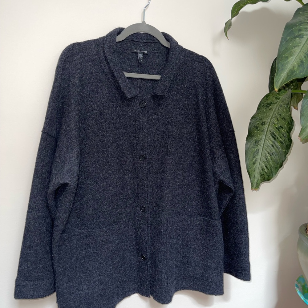 Eileen Fisher Soft Charcoal Button Up Boiled Wool CollarJacket Chore Coat
